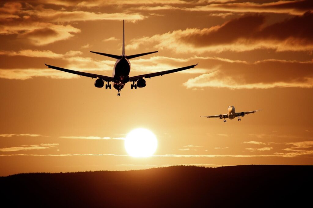 fly i solnedgang, soloppgang, lande, ta av, flyvning, transport