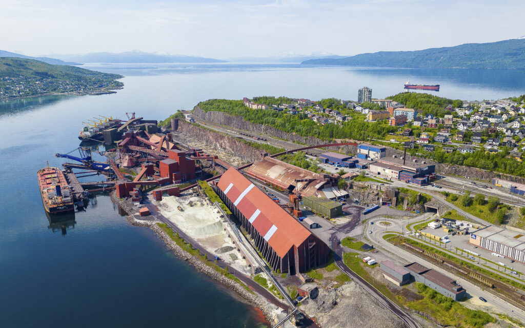 Narvik, Norway - June 20, 2023: Aerial view Narvik industrial harbor in Norway with iron ore company LKAB